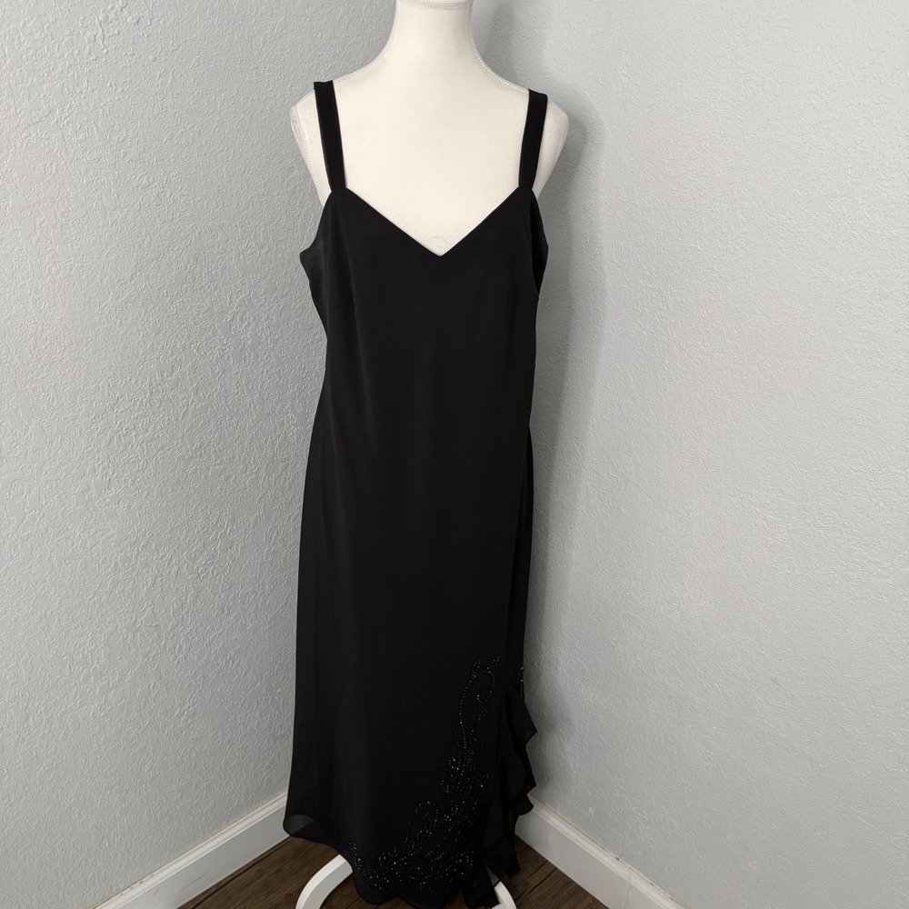 Vintage Black Maxi Dress Ruffle‎ Beaded Hem Womens Size 14